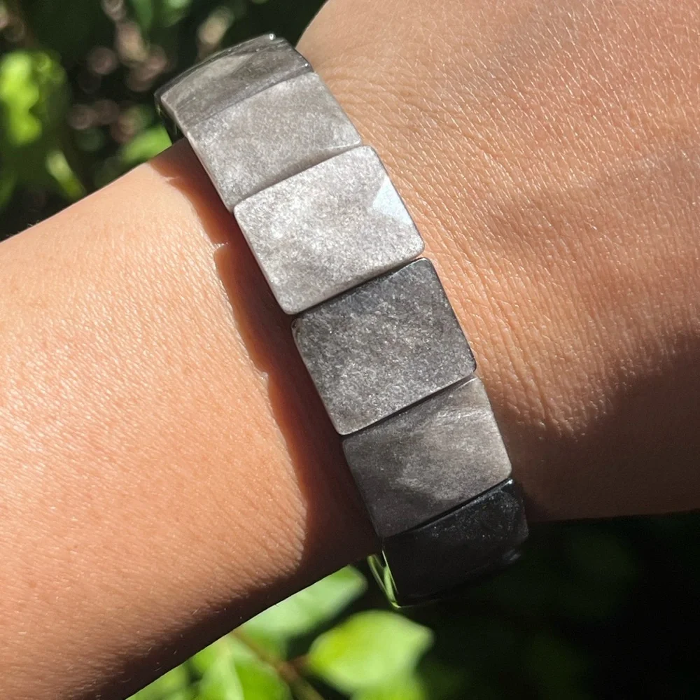 Stretchable‎ faceted silver obsidian soft bangle